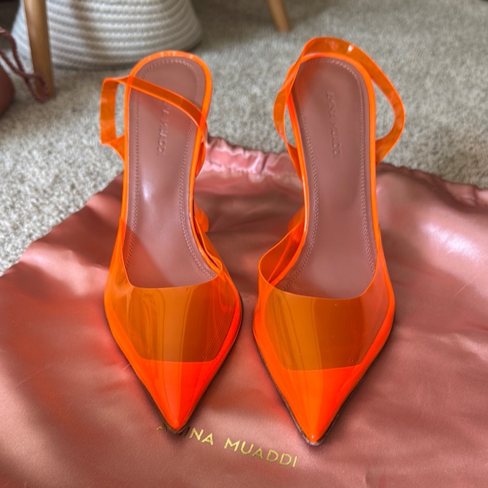 Amina Muaddi Orange Stiletto Heels with Slingback Design